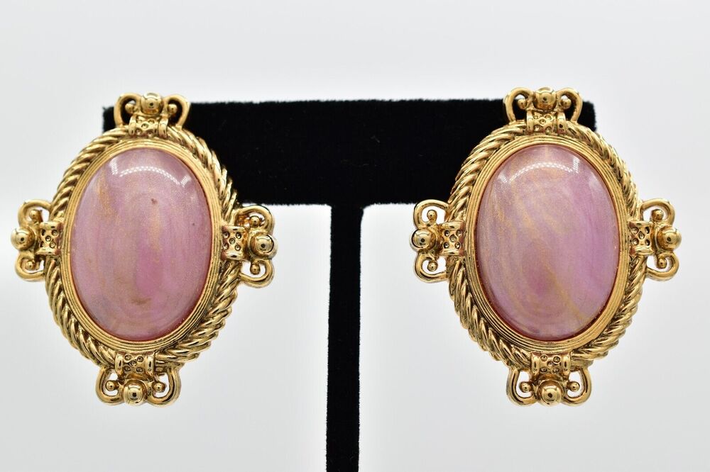 1928 Vintage Cabochon Clip On Earrings Mauve Oval Gold Heavy Chunky 1980s BinBB